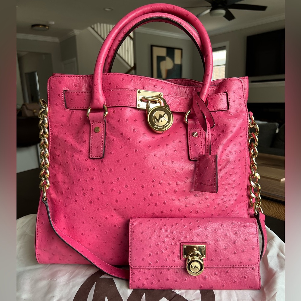 Michael Kors Pink Ostrich Embossed Leather Hamilton North South Tote and Wallet